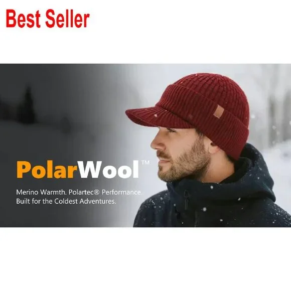 Merino Wool Fleece Lined Beanie with Brim Classic Winter Outdoor Knit Cap - Picture 8 of 8